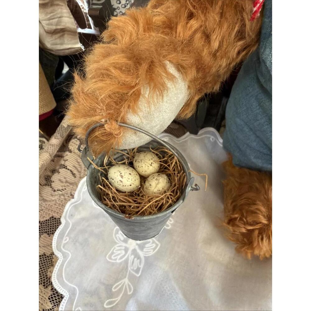 Large Mohair Teddy Bear 18” Farmer Overalls Egg Pail By Luckeye Medford Signed - Picture 6 of 14